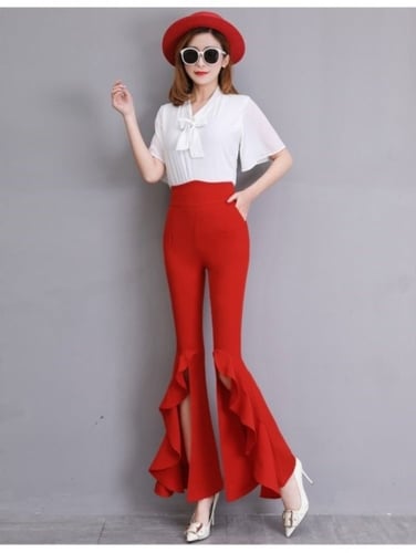 بنطلون خصر عالي شق اسفل الساق ذو قصة ارجل واسعه