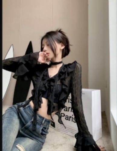 بلوزه شيفون موديل فرنسي مقصوصة رفيعة شبكي مكشكشه ا...