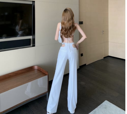 بنطلون واسع الساق بخصر عالي مفرغ