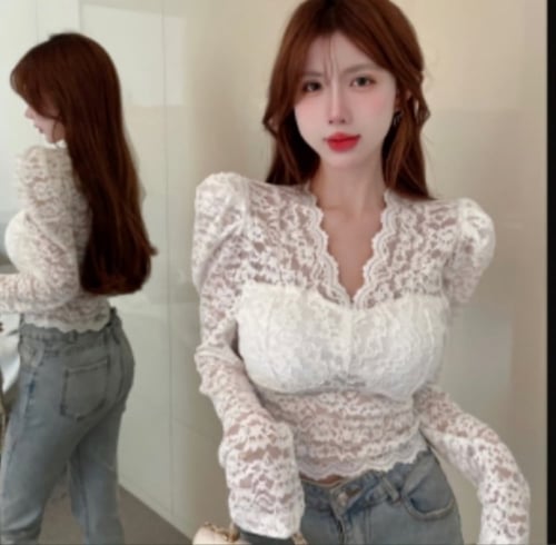 بلوزه كروشيه دانتيل اكمام طويلة منفوخة من الدانتيل...