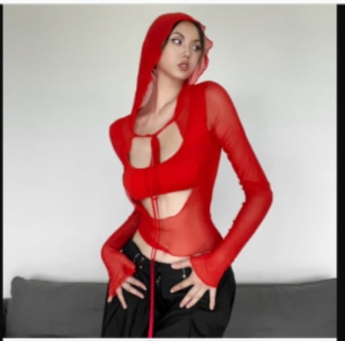 بلوزه شبكي اكمام طويلة مجوفة بغطاء الراس