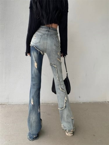 بنطلون جينز ضيق ممزق عالي الخصر بالوان متباينة
