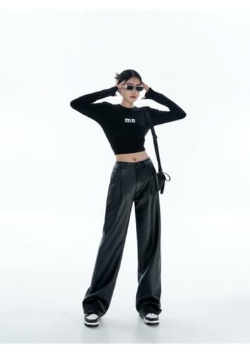 بنطلون جلدي انيق عالي الخصر واسع الساق