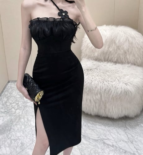 فستان نمط فرنس بربطة عنق بقصة ضيقة بكتف واحد