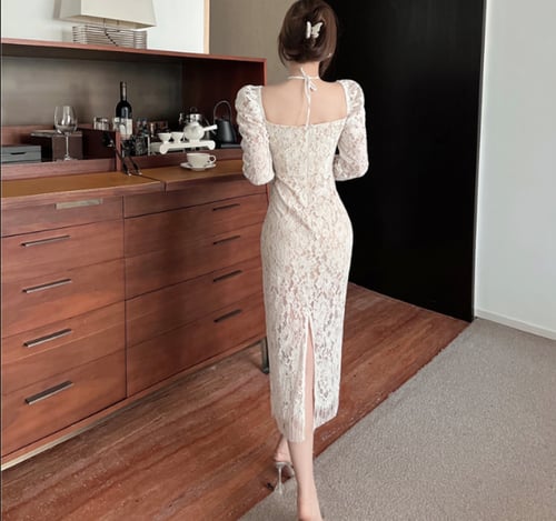 فستان دانتيل بأكمام طويلة برباط على الرقبة