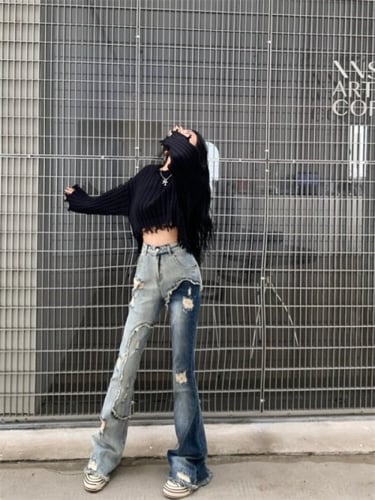 بنطلون جينز ضيق ممزق عالي الخصر بالوان متباينة