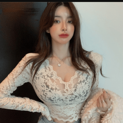 بلوزه دانتيل اكمام طويلة وفتحة رقبة على شكل V