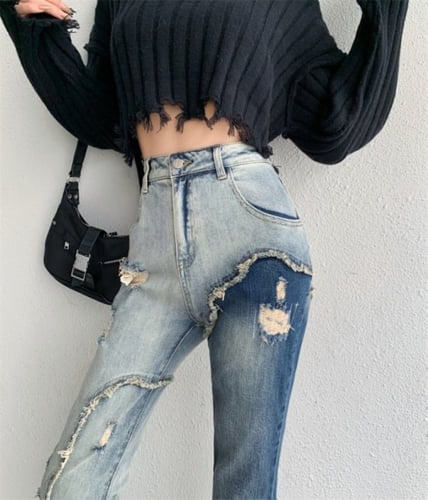 بنطلون جينز ضيق ممزق عالي الخصر بالوان متباينة