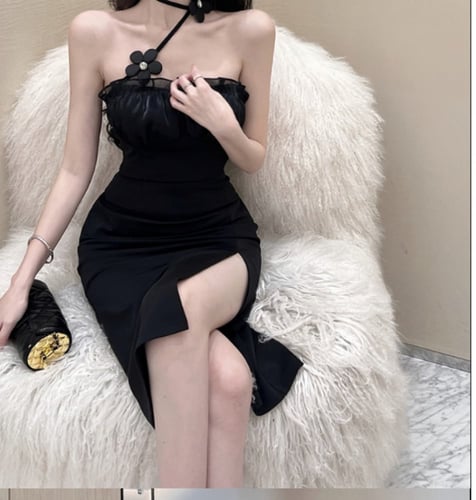 فستان نمط فرنس بربطة عنق بقصة ضيقة بكتف واحد