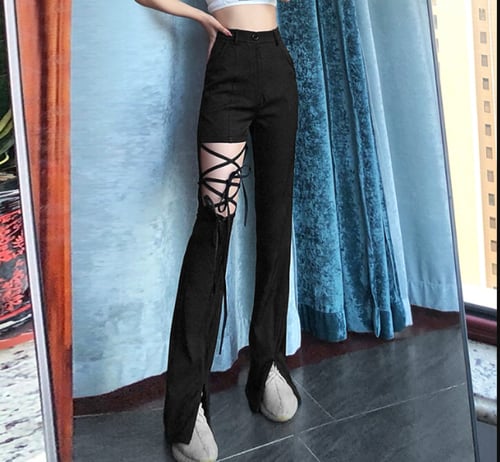 بنطلون عالي الخصر ساق ممزق مجوف بأشرطة خارج الساق