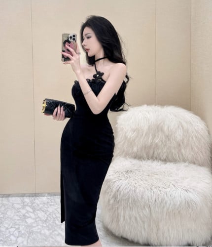 فستان نمط فرنس بربطة عنق بقصة ضيقة بكتف واحد