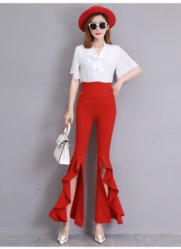 بنطلون خصر عالي شق اسفل الساق ذو قصة ارجل واسعه