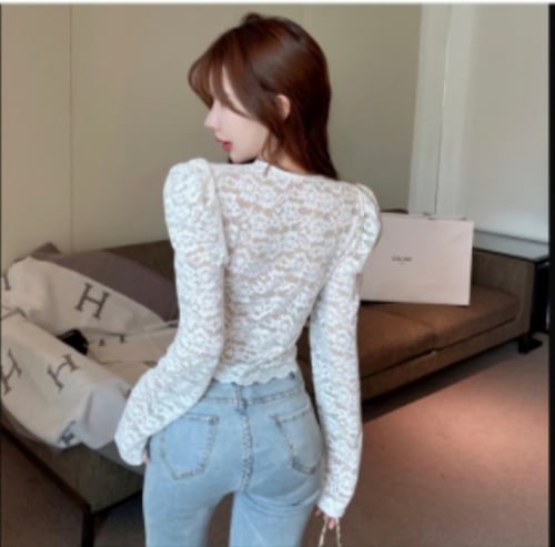 بلوزه كروشيه دانتيل اكمام طويلة منفوخة من الدانتيل...