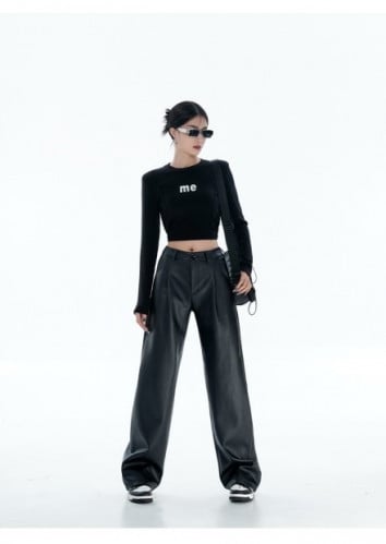 بنطلون جلدي انيق عالي الخصر واسع الساق