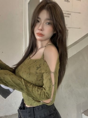 تي شيرت اكمام طويلة مكشوف الكتف قصيرة السرة بمشابك...