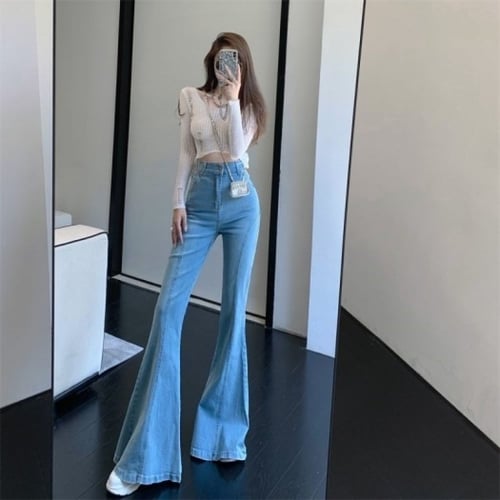 بنطلون جينز ضيق عالي الخصر بحافة خام فاتحه واسع ال...