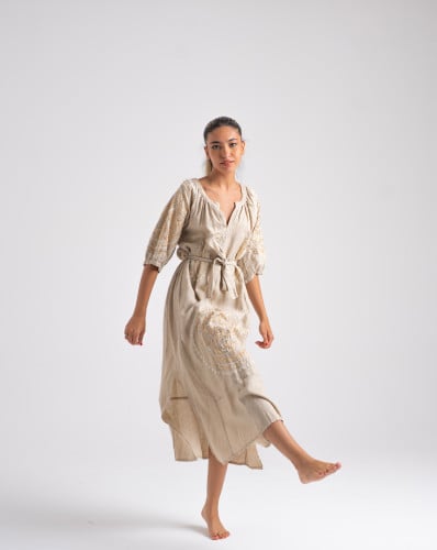 NATURAL/GOLD EMBROIDERED DRESS