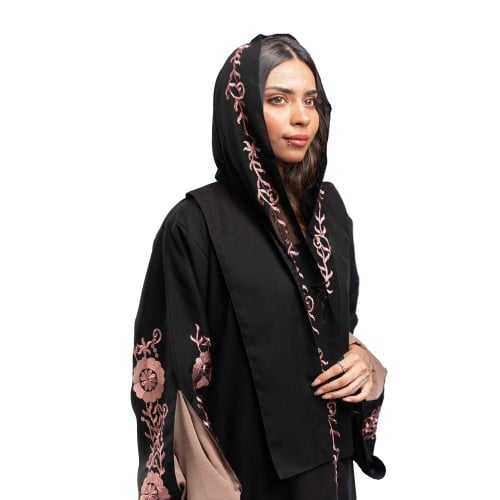 عبايه سوداء بتطريز ورود مع فتحه بالكم