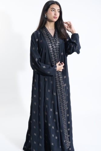 عبايه كحلي بتطريز ذهبي قماش انترنت