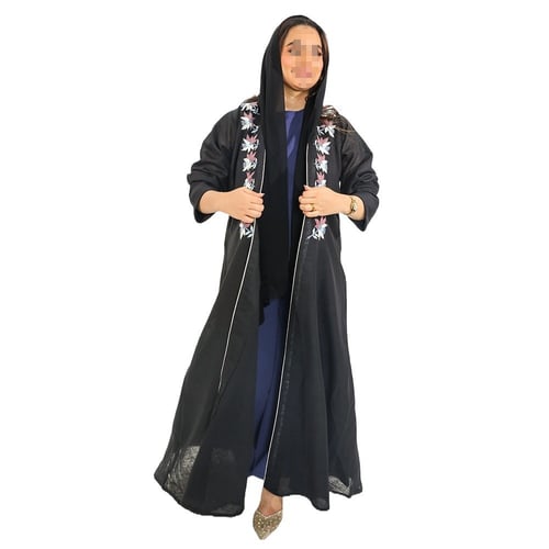 عباية كاجوال لف بقماش لينن ، مطرزة بالورود الملونة