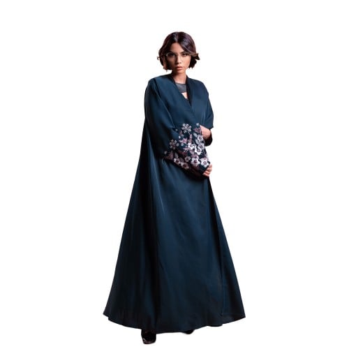 عباية باللون الكحلي على شكل شال و مطرزة بالورود با...