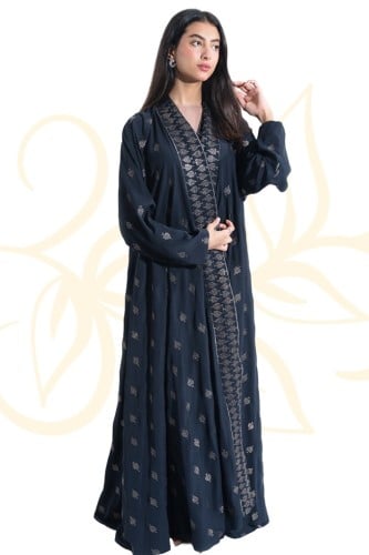 عبايه كحلي بتطريز ذهبي قماش انترنت