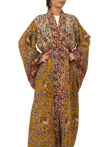 عباية صفراء من القماش المطبوع مع طرحة