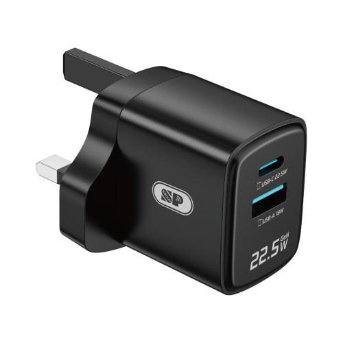 شاحن جداري GaN سريع 22واط بمنفذين USB-C وUSB-A مع PD وQC 18W