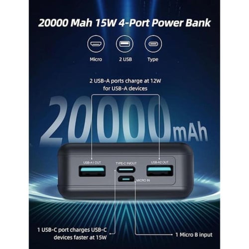 راف باور باور بانك - 20000 mAh - قوة 15 واط - 4 من...