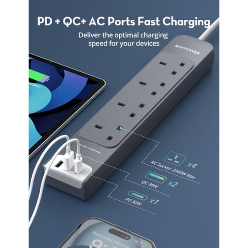 راف باور موزع طاقة 7 في 1 - 4 منافذ AC ومزودة ب3 م...