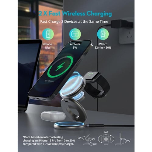 راف باور 3 في 1 محطة شحن MagSafe قابلة للطي - 15W...