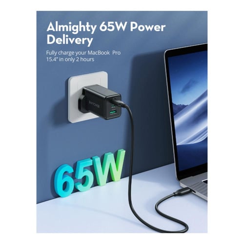 راف باور شاحن جداري - 3 منافذ - 65 واط - UK - أسود...