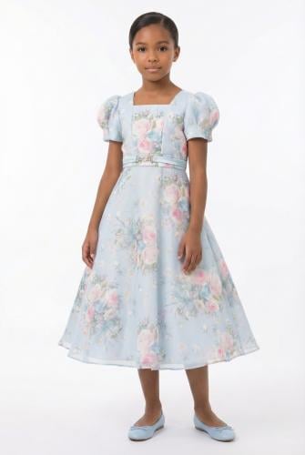 فستان تركي سماوي بطبعات الزهور الربيعية 8 - 15 سنة