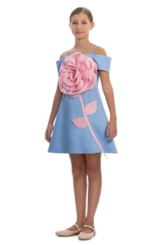 فستان تركي أزرق سماوي مزين بوردة زهرية بارزة 8 - 1...