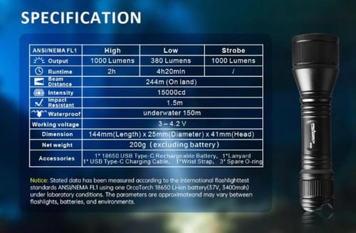OrcaTorch D550 1000 Lumens Scuba Diving Light with...