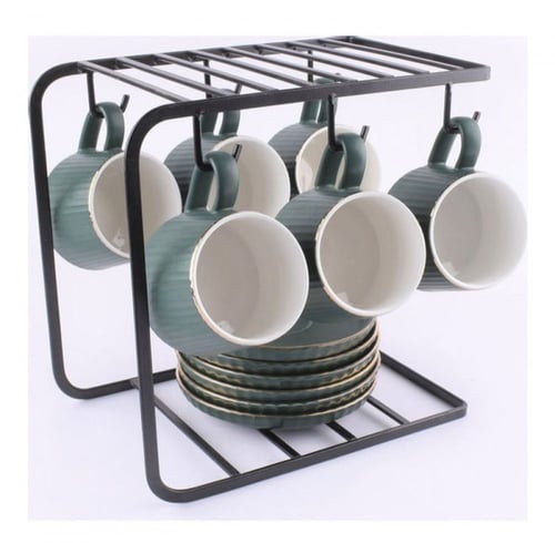 اكواب قهوة سيراميك بألوان هادئة مع أطباق وحامل تجف...