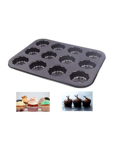قالب كيك أسود غير لاصق للخبز، سعة 12 كاب كيك