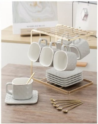 طقم اكواب قهوة سيراميك فاخرة مع أطباق وحامل تجفيف...