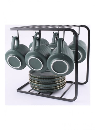 اكواب قهوة سيراميك بألوان هادئة مع أطباق وحامل تجف...