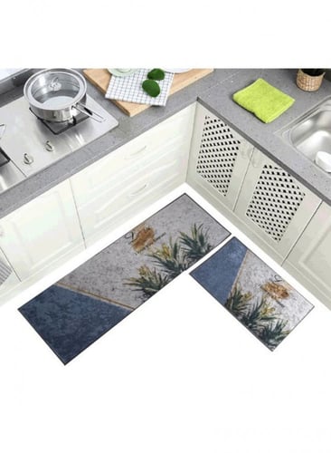 سجادة مطبخ مقاوم للانزلاق رمادي / أزرق من قطعتين