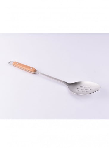 ملعقة طبخ عملية مشقوقة استانلس ستيل بمقبض خشبي