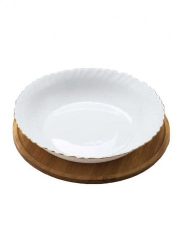 طبق سيراميك مع قاعدة خشب لتقديم المأكولات والفواكه