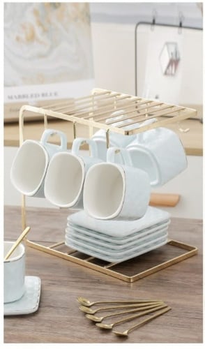 طقم اكواب قهوة سيراميك فاخرة مع أطباق وحامل تجفيف...