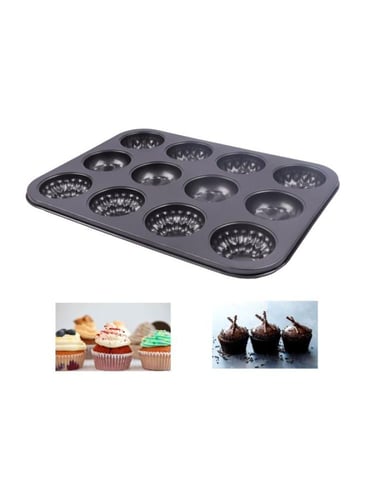 قالب كيك أسود غير لاصق للخبز، سعة 12 كاب كيك