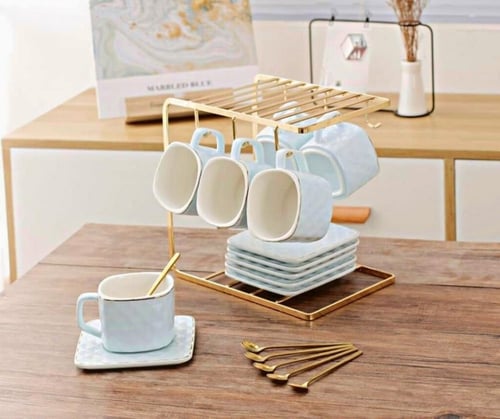 طقم اكواب قهوة سيراميك فاخرة مع أطباق وحامل تجفيف...