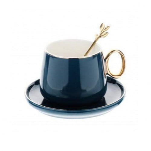كوب قهوة بورسلان فاخر مع الصحن وملعقة ذهبية