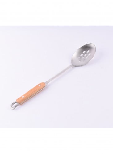 ملعقة طبخ عملية مشقوقة استانلس ستيل بمقبض خشبي