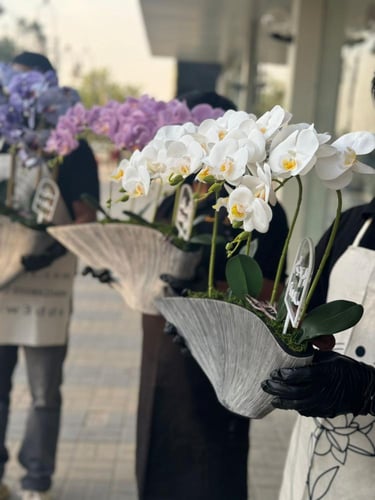 فازة الخزف الحجري مع ورد الاوركيد