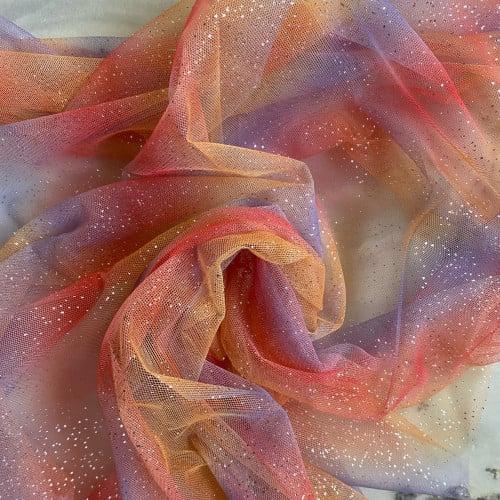 قماش تل تخطيط مائل ترتر لون(برتقالي+أحمر+بنفسجي) ق...