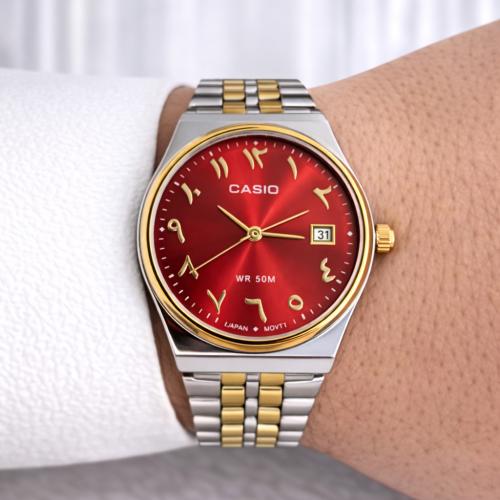 ساعة كاسيو casio MTP لونين ارقام عربية احمر